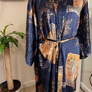 Elegant Vintage Silk- Navy and Copper Kimono Robe Duster!